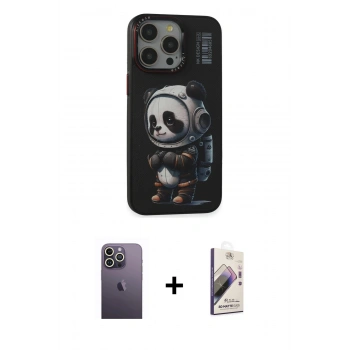 MARSİLYAN™- iPhone 13 Pro Max Kılıf Siluet Modern Özel Seri - Siyah Bilvis 3D Mat Cam Ekran Koruyucu + Neon Fosforlu Kamera Lens - BZ