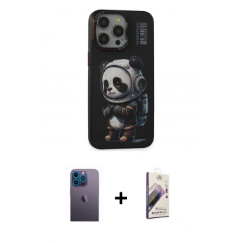 MARSİLYAN™- iPhone 13 Pro Max Kılıf Siluet Modern Özel Seri - Siyah Bilvis 3D Mat Cam Ekran Koruyucu + Neon Fosforlu Kamera Lens - MI