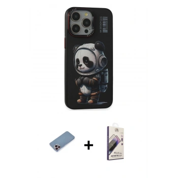 MARSİLYAN™- iPhone 13 Pro Max Kılıf Siluet Modern Özel Seri - Siyah Bilvis 3D Mat Cam Ekran Koruyucu + Shine Kamera Lens Koruma Cam - PE