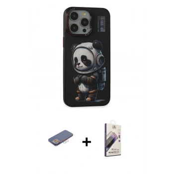 MARSİLYAN™- iPhone 13 Pro Max Kılıf Siluet Modern Özel Seri - Siyah Bilvis 3D Mat Cam Ekran Koruyucu + Renkli Kamera Lens Koruma Cam - PE