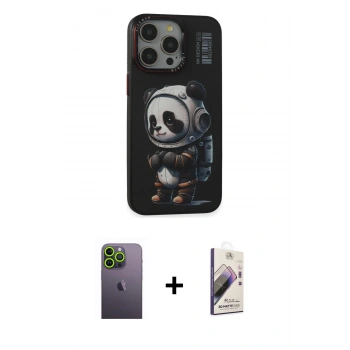 MARSİLYAN™- iPhone 13 Pro Max Kılıf Siluet Modern Özel Seri - Siyah Bilvis 3D Mat Cam Ekran Koruyucu + Neon Fosforlu Kamera Lens - YL