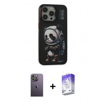 MARSİLYAN™- iPhone 13 Pro Max Kılıf Siluet Modern Özel Seri - Siyah Bilvis 5in1 3D Magic Cam Ekran Koruyucu + Neon Fosforlu Kamera Lens - BZ