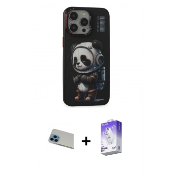 MARSİLYAN™- iPhone 13 Pro Max Kılıf Siluet Modern Özel Seri - Siyah Bilvis 5in1 3D Magic Cam Ekran Koruyucu + Rainbow Kamera Lens Koruma Cam - MI