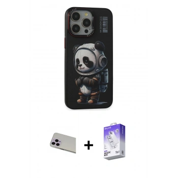 MARSİLYAN™- iPhone 13 Pro Max Kılıf Siluet Modern Özel Seri - Siyah Bilvis 5in1 3D Magic Cam Ekran Koruyucu + Rainbow Kamera Lens Koruma Cam - MR