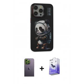 MARSİLYAN™- iPhone 13 Pro Max Kılıf Siluet Modern Özel Seri - Siyah Bilvis 5in1 5D Magic Hayalet Cam Ekran Koruyucu + Neon Fosforlu Kamera Lens - YL