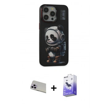 MARSİLYAN™- iPhone 13 Pro Max Kılıf Siluet Modern Özel Seri - Siyah Bilvis 5in1 5D Magic Hayalet Cam Ekran Koruyucu + Rainbow Kamera Lens Koruma Cam - MR