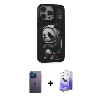 MARSİLYAN™- iPhone 13 Pro Max Kılıf Siluet Modern Özel Seri - Siyah Bilvis 5in1 5D Magic Hayalet Cam Ekran Koruyucu + Neon Fosforlu Kamera Lens - MI