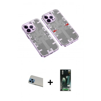 MARSİLYAN™- iPhone 13 Pro Max Kılıf Ufuk Doku Prime - Şeffaf 360 Full Body Arka Koruyucu + Rainbow Kamera Lens Koruma Cam - MI