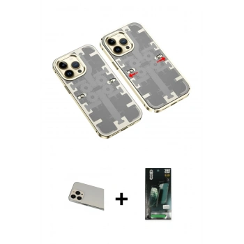 MARSİLYAN™- iPhone 13 Pro Max Kılıf Ufuk Doku Prime - Şeffaf 360 Full Body Arka Koruyucu + Rainbow Kamera Lens Koruma Cam - REGD
