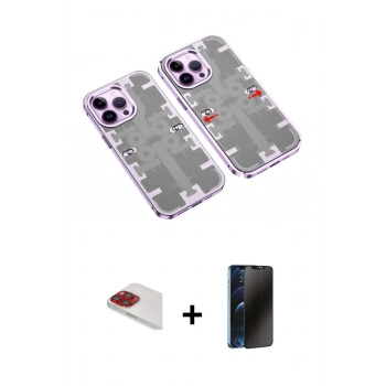 MARSİLYAN™- iPhone 13 Pro Max Kılıf Ufuk Doku Prime - Siyah 3D Antistatik Hayalet Cam Ekran Koruyucu + Pers Alüminyum Kamera Lens - KI