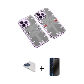 MARSİLYAN™- iPhone 13 Pro Max Kılıf Ufuk Doku Prime - Siyah 3D Antistatik Hayalet Cam Ekran Koruyucu + Pers Alüminyum Kamera Lens - LT