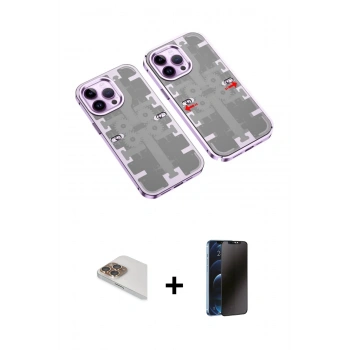 MARSİLYAN™- iPhone 13 Pro Max Kılıf Ufuk Doku Prime - Siyah 3D Antistatik Hayalet Cam Ekran Koruyucu + Pers Alüminyum Kamera Lens - GD
