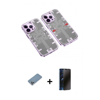 MARSİLYAN™- iPhone 13 Pro Max Kılıf Ufuk Doku Prime - Siyah 3D Antistatik Hayalet Cam Ekran Koruyucu + Shine Kamera Lens Koruma Cam - GI