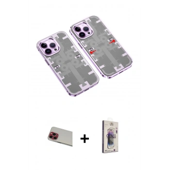 MARSİLYAN™- iPhone 13 Pro Max Kılıf Ufuk Doku Prime - Siyah Bilvis 3D Cam Ekran Koruyucu + Rainbow Kamera Lens Koruma Cam - KI