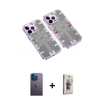 MARSİLYAN™- iPhone 13 Pro Max Kılıf Ufuk Doku Prime - Siyah Bilvis 3D Cam Ekran Koruyucu + Neon Fosforlu Kamera Lens - MI