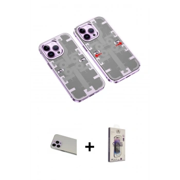 MARSİLYAN™- iPhone 13 Pro Max Kılıf Ufuk Doku Prime - Siyah Bilvis 3D Cam Ekran Koruyucu + Rainbow Kamera Lens Koruma Cam - MR