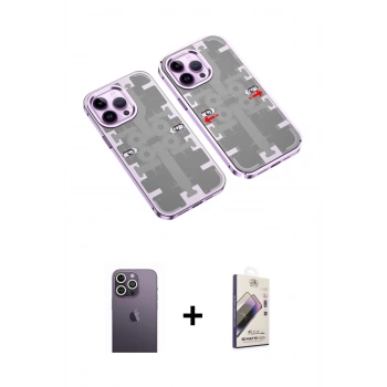 MARSİLYAN™- iPhone 13 Pro Max Kılıf Ufuk Doku Prime - Siyah Bilvis 3D Mat Cam Ekran Koruyucu + Neon Fosforlu Kamera Lens - BZ