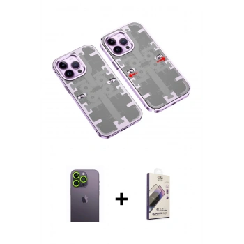 MARSİLYAN™- iPhone 13 Pro Max Kılıf Ufuk Doku Prime - Siyah Bilvis 3D Mat Cam Ekran Koruyucu + Neon Fosforlu Kamera Lens - YL