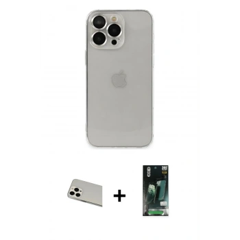 MARSİLYAN™- iPhone 13 Pro Max Kılıf Ufuk Minimal Özel Seri - Şeffaf 360 Full Body Arka Koruyucu + Rainbow Kamera Lens Koruma Cam - BZ
