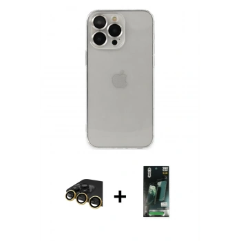 MARSİLYAN™- iPhone 13 Pro Max Kılıf Ufuk Minimal Özel Seri - Şeffaf 360 Full Body Arka Koruyucu + Raze Metal Kamera Lens - GD