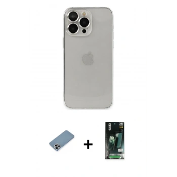 MARSİLYAN™- iPhone 13 Pro Max Kılıf Ufuk Minimal Özel Seri - Şeffaf 360 Full Body Arka Koruyucu + Shine Kamera Lens Koruma Cam - GI