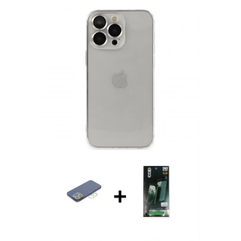 MARSİLYAN™- iPhone 13 Pro Max Kılıf Ufuk Minimal Özel Seri - Şeffaf 360 Full Body Arka Koruyucu + Renkli Kamera Lens Koruma Cam - YL
