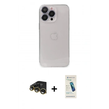 MARSİLYAN™- iPhone 13 Pro Max Kılıf Ufuk Minimal Özel Seri - Şeffaf Pasifik Cam Ekran Koruyucu + Raze Metal Kamera Lens - GD
