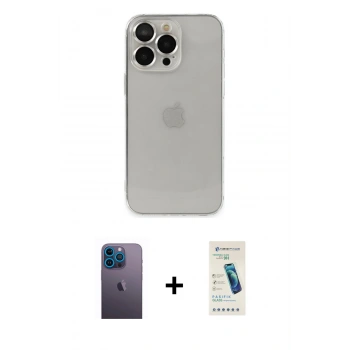 MARSİLYAN™- iPhone 13 Pro Max Kılıf Ufuk Minimal Özel Seri - Şeffaf Pasifik Cam Ekran Koruyucu + Neon Fosforlu Kamera Lens - MI