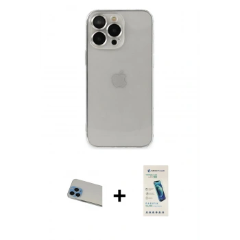 MARSİLYAN™- iPhone 13 Pro Max Kılıf Ufuk Minimal Özel Seri - Şeffaf Pasifik Cam Ekran Koruyucu + Rainbow Kamera Lens Koruma Cam - MI