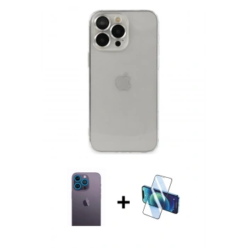 MARSİLYAN™- iPhone 13 Pro Max Kılıf Ufuk Minimal Özel Seri - Siyah 3D Antistatik Cam Ekran Koruyucu + Neon Fosforlu Kamera Lens - MI