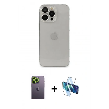 MARSİLYAN™- iPhone 13 Pro Max Kılıf Ufuk Minimal Özel Seri - Siyah 3D Antistatik Cam Ekran Koruyucu + Neon Fosforlu Kamera Lens - YL