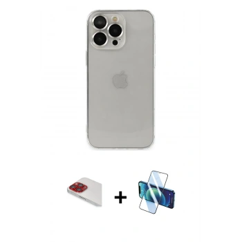 MARSİLYAN™- iPhone 13 Pro Max Kılıf Ufuk Minimal Özel Seri - Siyah 3D Antistatik Cam Ekran Koruyucu + Pers Alüminyum Kamera Lens - KI