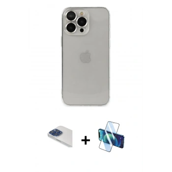 MARSİLYAN™- iPhone 13 Pro Max Kılıf Ufuk Minimal Özel Seri - Siyah 3D Antistatik Cam Ekran Koruyucu + Pers Alüminyum Kamera Lens - LT