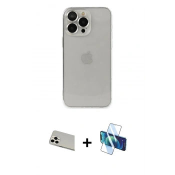 MARSİLYAN™- iPhone 13 Pro Max Kılıf Ufuk Minimal Özel Seri - Siyah 3D Antistatik Cam Ekran Koruyucu + Rainbow Kamera Lens Koruma Cam - BZ