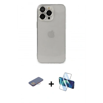 MARSİLYAN™- iPhone 13 Pro Max Kılıf Ufuk Minimal Özel Seri - Siyah 3D Antistatik Cam Ekran Koruyucu + Renkli Kamera Lens Koruma Cam - PE