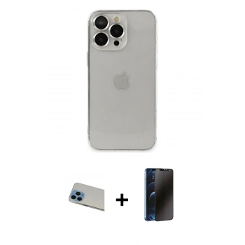 MARSİLYAN™- iPhone 13 Pro Max Kılıf Ufuk Minimal Özel Seri - Siyah 3D Antistatik Hayalet Cam Ekran Koruyucu + Rainbow Kamera Lens Koruma Cam - MI