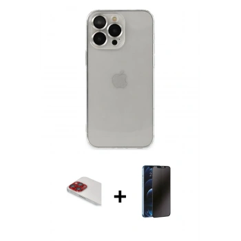 MARSİLYAN™- iPhone 13 Pro Max Kılıf Ufuk Minimal Özel Seri - Siyah 3D Antistatik Hayalet Cam Ekran Koruyucu + Pers Alüminyum Kamera Lens - KI