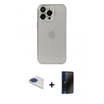 MARSİLYAN™- iPhone 13 Pro Max Kılıf Ufuk Minimal Özel Seri - Siyah 3D Antistatik Hayalet Cam Ekran Koruyucu + Pers Alüminyum Kamera Lens - LT