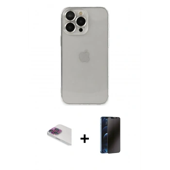 MARSİLYAN™- iPhone 13 Pro Max Kılıf Ufuk Minimal Özel Seri - Siyah 3D Antistatik Hayalet Cam Ekran Koruyucu + Pers Alüminyum Kamera Lens - GI