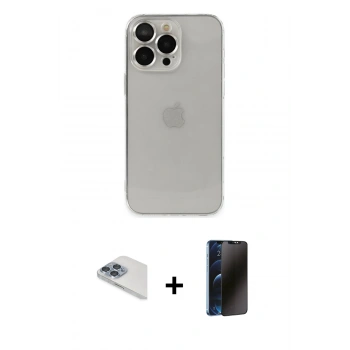 MARSİLYAN™- iPhone 13 Pro Max Kılıf Ufuk Minimal Özel Seri - Siyah 3D Antistatik Hayalet Cam Ekran Koruyucu + Pers Alüminyum Kamera Lens - SABE
