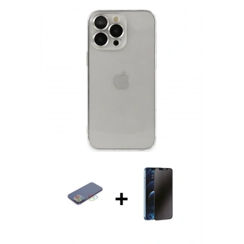 MARSİLYAN™- iPhone 13 Pro Max Kılıf Ufuk Minimal Özel Seri - Siyah 3D Antistatik Hayalet Cam Ekran Koruyucu + Renkli Kamera Lens Koruma Cam - MI