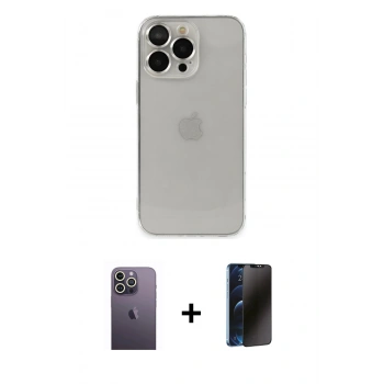 MARSİLYAN™- iPhone 13 Pro Max Kılıf Ufuk Minimal Özel Seri - Siyah 3D Antistatik Hayalet Cam Ekran Koruyucu + Neon Fosforlu Kamera Lens - BZ