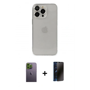 MARSİLYAN™- iPhone 13 Pro Max Kılıf Ufuk Minimal Özel Seri - Siyah 3D Antistatik Hayalet Cam Ekran Koruyucu + Neon Fosforlu Kamera Lens - YL