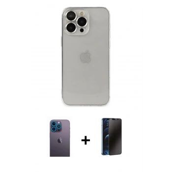 MARSİLYAN™- iPhone 13 Pro Max Kılıf Ufuk Minimal Özel Seri - Siyah 3D Antistatik Hayalet Cam Ekran Koruyucu + Neon Fosforlu Kamera Lens - MI