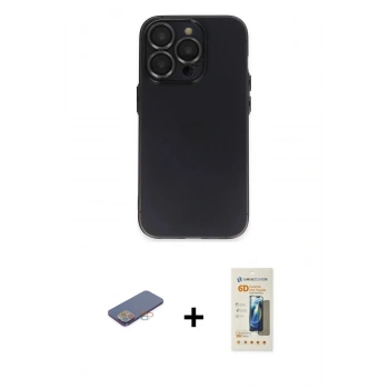 MARSİLYAN™- iPhone 13 Pro Max Kılıf Ufuk Minimal Özel Seri - Siyah 6D Mat Seramik Hayalet Nano Ekran Koruyucu + Renkli Kamera Lens Koruma Cam - PE
