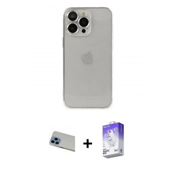 MARSİLYAN™- iPhone 13 Pro Max Kılıf Ufuk Minimal Özel Seri - Siyah Bilvis 5in1 3D Magic Cam Ekran Koruyucu + Rainbow Kamera Lens Koruma Cam - MI