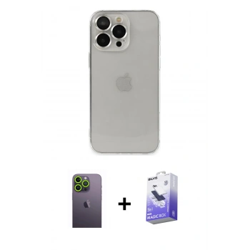 MARSİLYAN™- iPhone 13 Pro Max Kılıf Ufuk Minimal Özel Seri - Siyah Bilvis 5in1 5D Magic Hayalet Cam Ekran Koruyucu + Neon Fosforlu Kamera Lens - YL