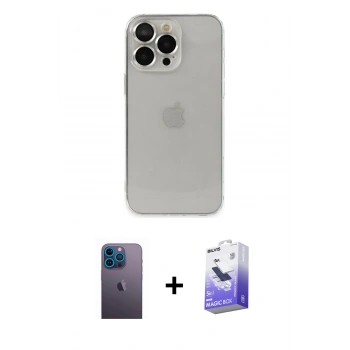 MARSİLYAN™- iPhone 13 Pro Max Kılıf Ufuk Minimal Özel Seri - Siyah Bilvis 5in1 5D Magic Hayalet Cam Ekran Koruyucu + Neon Fosforlu Kamera Lens - MI