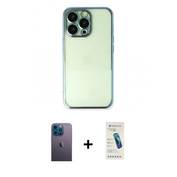 MARSİLYAN™- iPhone 13 Pro Max Kılıf Vadi Minimal - Şeffaf Pasifik Cam Ekran Koruyucu + Neon Fosforlu Kamera Lens - MI