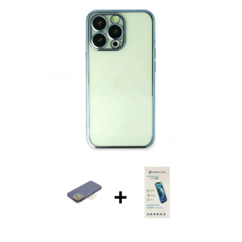MARSİLYAN™- iPhone 13 Pro Max Kılıf Vadi Minimal - Şeffaf Pasifik Cam Ekran Koruyucu + Renkli Kamera Lens Koruma Cam - SI